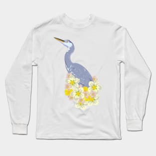 crane with wild flowers Long Sleeve T-Shirt